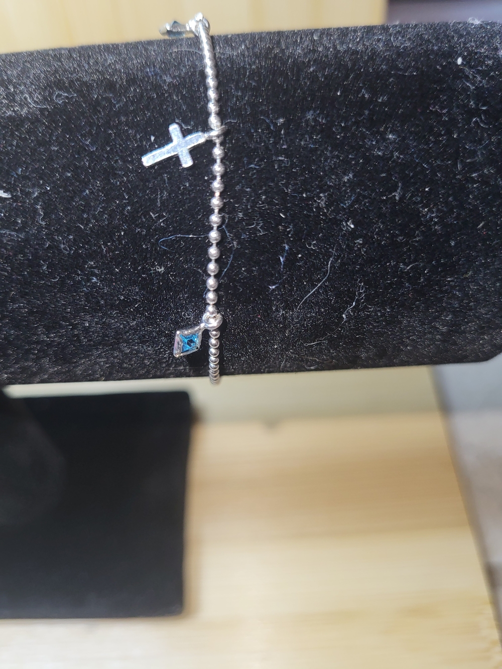 Sterling Silver Beaded Bracelet with Blue Aquamarine Gem and Cross Charm